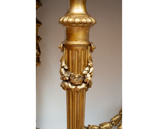 Antique Napoleon III console table in gilded and carved wood with a white marble top. France, 19th century.