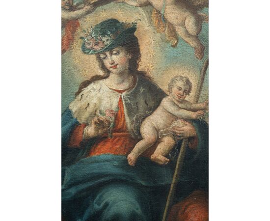 Antique oil painting on canvas depicting "The Divine Shepherdess". Naples, 17th century.