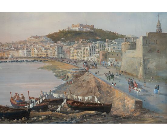 Antique gouache/watercolor depicting a view of Naples. 19th century period.