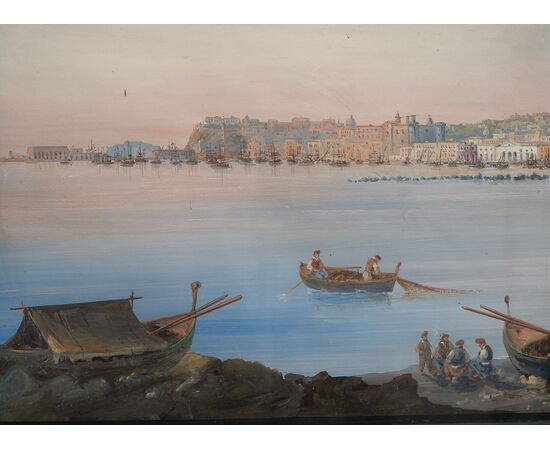 Antique gouache/watercolor depicting a view of Naples. 19th century period.