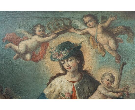 Antique oil painting on canvas depicting "The Divine Shepherdess". Naples, 17th century.