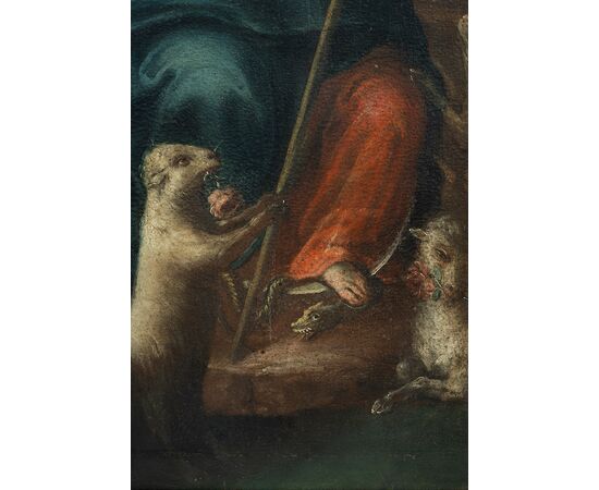 Antique oil painting on canvas depicting "The Divine Shepherdess". Naples, 17th century.