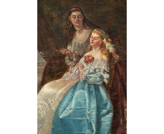 Antique oil painting on canvas depicting a genre scene in an aristocratic setting. France 19th century.