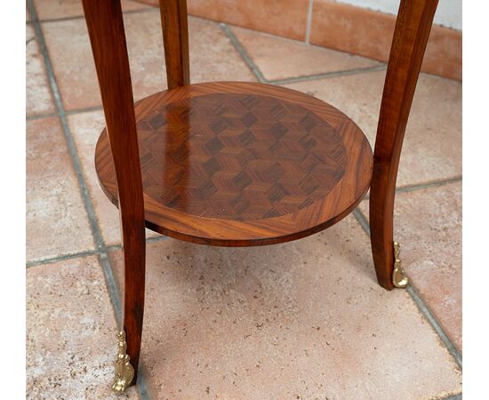 Pair of antique side tables in precious exotic woods with inlays of gilded bronze elements. France, early 20th century.