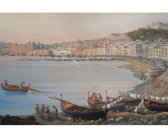 Antique gouache/watercolor depicting a view of Naples. 19th century period.