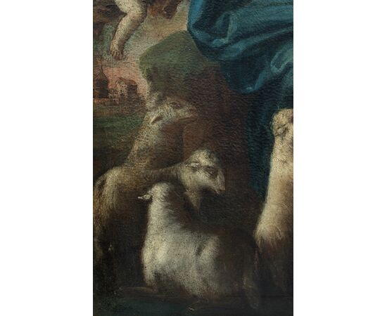 Antique oil painting on canvas depicting "The Divine Shepherdess". Naples, 17th century.