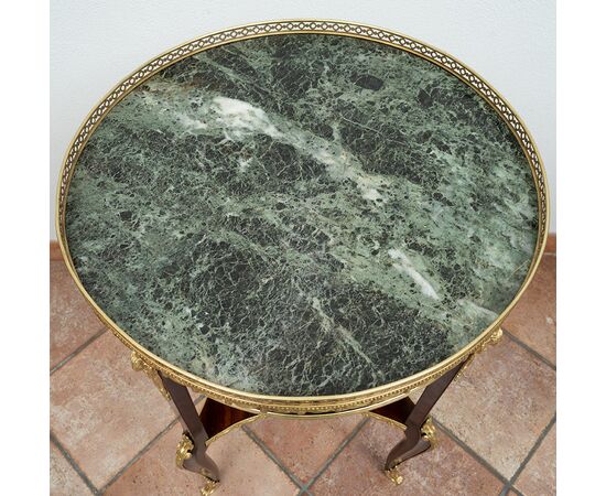 Antique Napoleon III mahogany side table with gilded bronze inlays. France, 19th century.