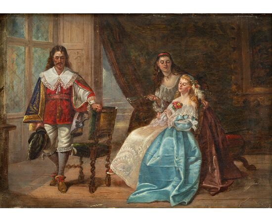 Antique oil painting on canvas depicting a genre scene in an aristocratic setting. France 19th century.