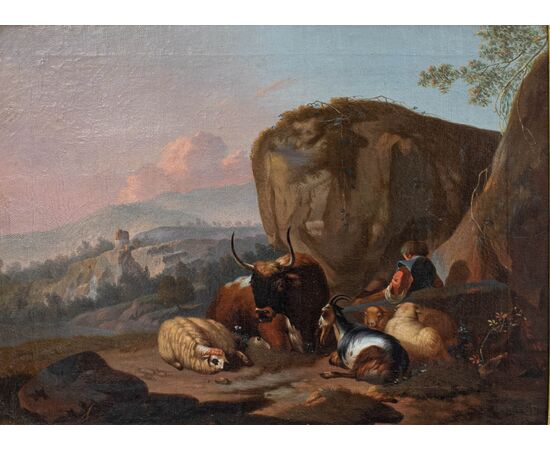Cerchia di Nicolaes Berchem (1620, Haarlem - 1683, Amsterdam), Scena con armenti