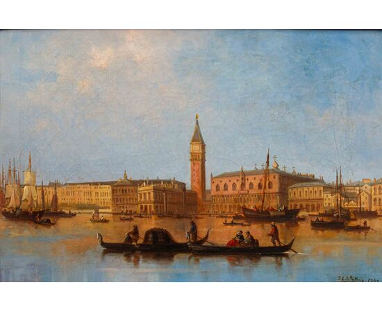Joseph Carl Berthold Püttner (Planà, 1821 – Vöslau, 1881), Gondole al tramonto davanti a Piazza S. Marco e Santa Maria della Salute