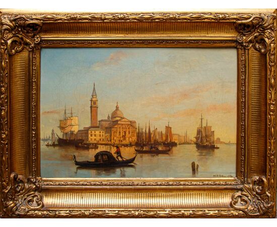 Joseph Carl Berthold Püttner (Planà, 1821 – Vöslau, 1881), Gondole al tramonto davanti a Piazza S. Marco e Santa Maria della Salute