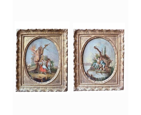 Coppia di dipinti raffiguranti scene animate