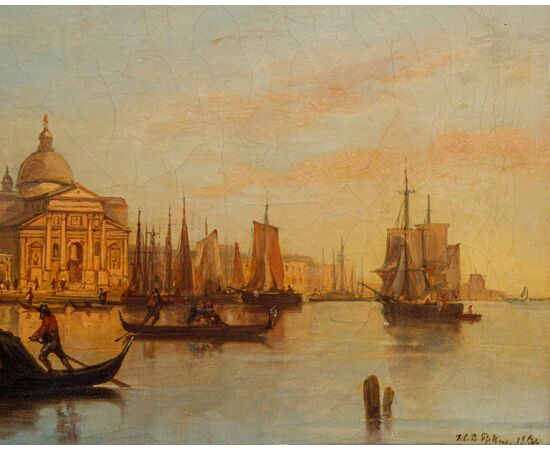 Joseph Carl Berthold Püttner (Planà, 1821 – Vöslau, 1881), Gondole al tramonto davanti a Piazza S. Marco e Santa Maria della Salute