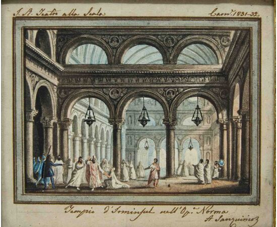 Alessandro Sanquirico (Milano, 1777- 1849), Quattro scene teatrali e una veduta di Milano