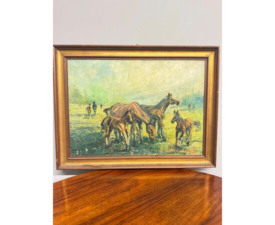 Antico dipinto olio su tela - Cavalli al pascolo - 1900, 82x62cm