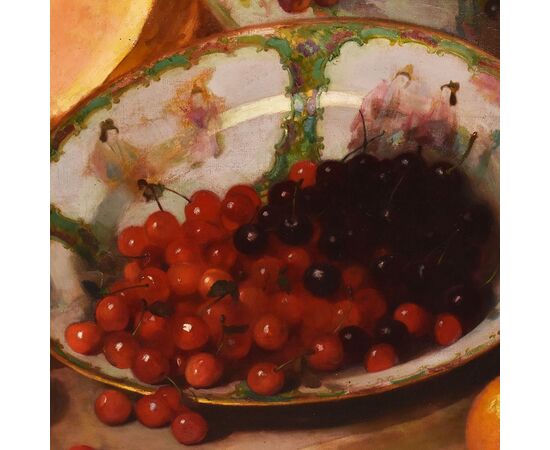 DIPINTI ANTICHI, NATURA MORTA CON FRUTTA, UVA, CILIEGIE, PESCHE E ZUCCA, OLIO SU TELA, XIX SECOLO. (QNM666)