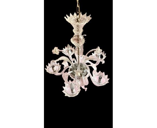 Lampadario in vetro soffiato balloton a cinque fuochi.Murano.