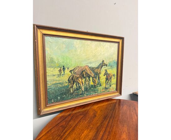 Antico dipinto olio su tela - Cavalli al pascolo - 1900, 82x62cm