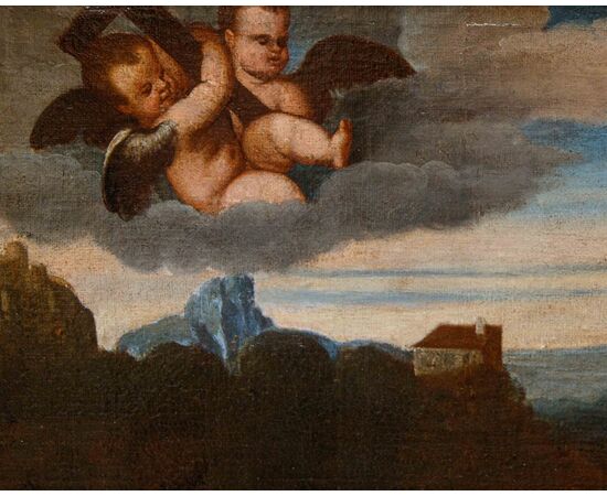 Cerchia di Polidoro de ‘Renzi, detto Polidoro da Lanciano, (Lanciano, 1515 circa – Venezia, 1565), Riposo dalla fuga in Egitto con San Giovannino