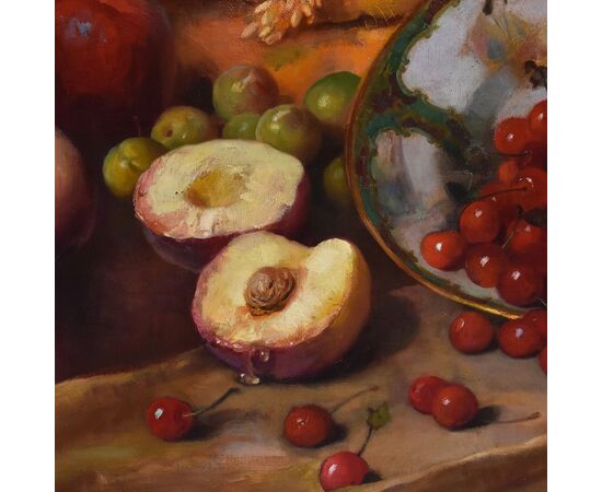 DIPINTI ANTICHI, NATURA MORTA CON FRUTTA, UVA, CILIEGIE, PESCHE E ZUCCA, OLIO SU TELA, XIX SECOLO. (QNM666)