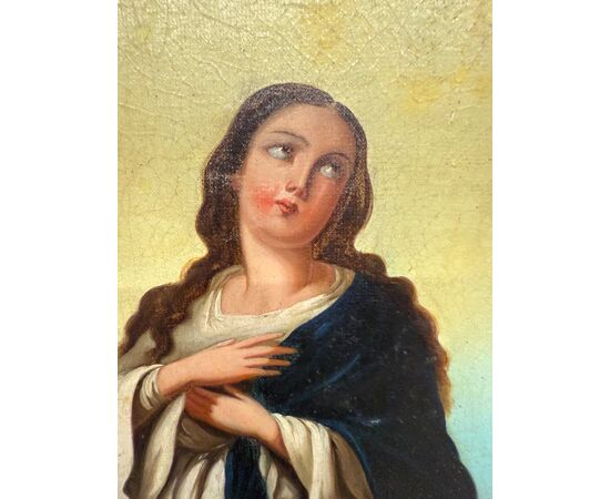 Antico dipinto olio su tela Immacolata concezione, 104x59 cm, scuola italiana XIX sec