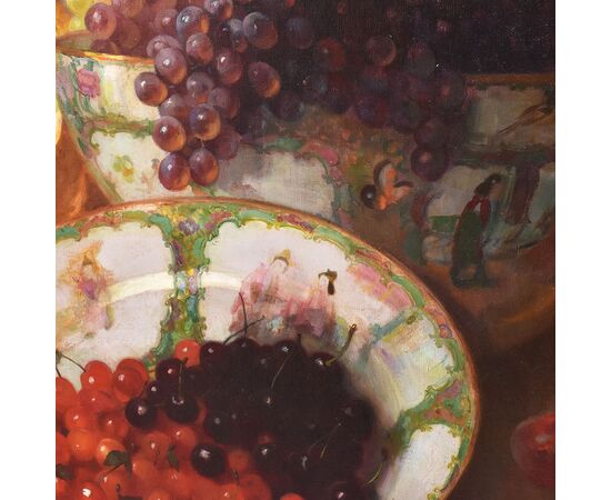 DIPINTI ANTICHI, NATURA MORTA CON FRUTTA, UVA, CILIEGIE, PESCHE E ZUCCA, OLIO SU TELA, XIX SECOLO. (QNM666)