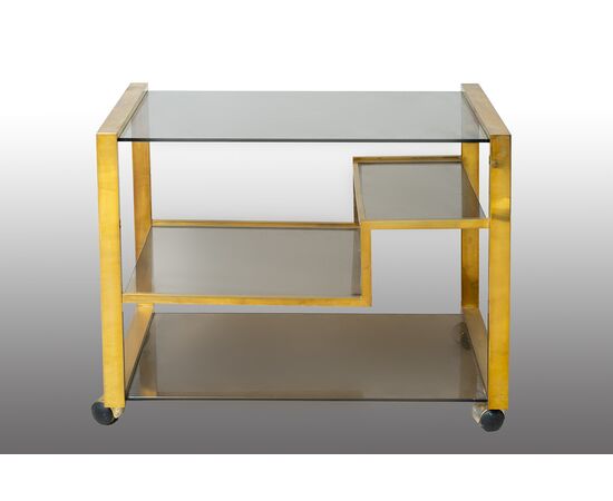 Carrello in ottone e cristallo acidato attribuito a Romeo Rega per Saporiti. Periodo anni 70.