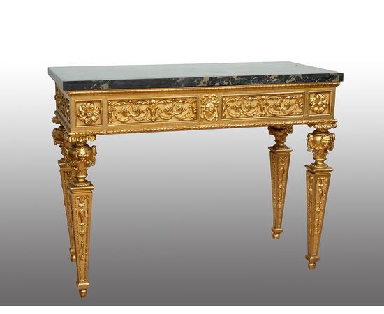 Consolle antica Luigi XVI Napoletana in legno dorato e intagliato con piano in marmo nero portoro. Periodo fine 18secolo.
