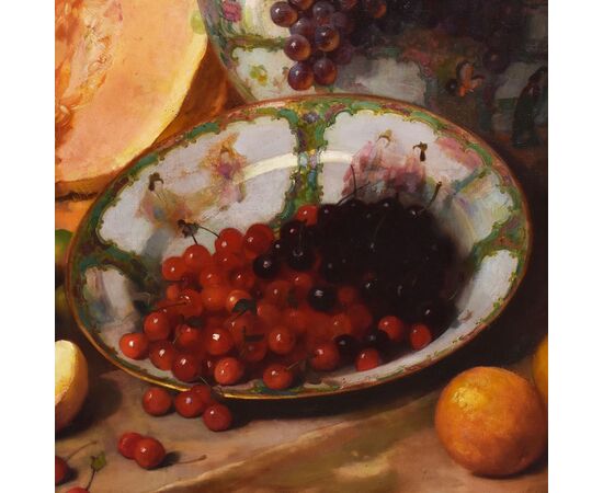 DIPINTI ANTICHI, NATURA MORTA CON FRUTTA, UVA, CILIEGIE, PESCHE E ZUCCA, OLIO SU TELA, XIX SECOLO. (QNM666)