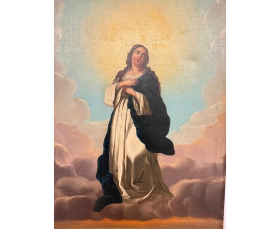 Antico dipinto olio su tela Immacolata concezione, 104x59 cm, scuola italiana XIX sec
