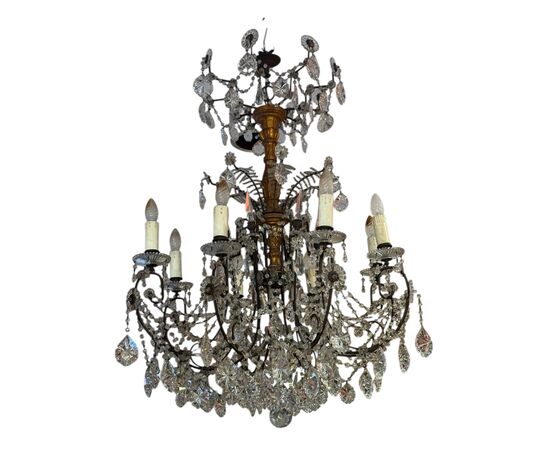 LAMPADARIO IN CRISTALLO, LEGNO E BRONZO AD 8 LUCI - XIX SECOLO
