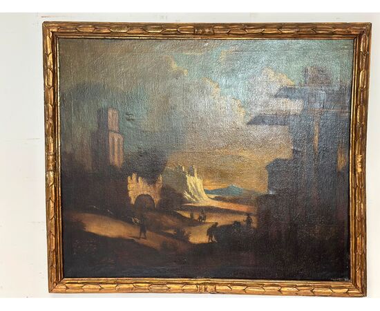 Olio su tela. Paesaggio con rovine attribuibile alla cerchia di Leonardo Coccorante . Napoli 1680 / 1750