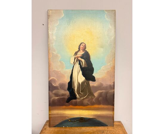 Antico dipinto olio su tela Immacolata concezione, 104x59 cm, scuola italiana XIX sec