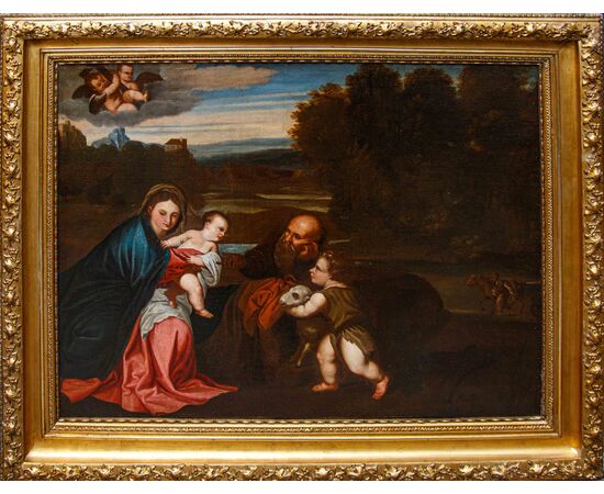 Cerchia di Polidoro de ‘Renzi, detto Polidoro da Lanciano, (Lanciano, 1515 circa – Venezia, 1565), Riposo dalla fuga in Egitto con San Giovannino