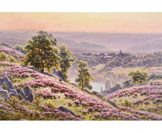 DIPINTI ANTICHI PAESAGGI, VALLE DELLA CORREZE E VILLAGGIO, DIDIER POUGET, OLIO SU TELA. (QP658)