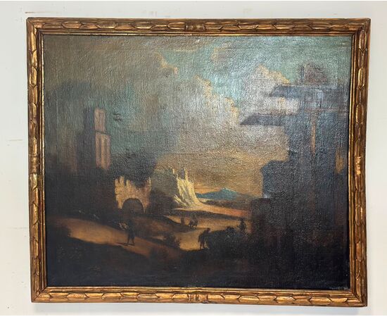Olio su tela. Paesaggio con rovine attribuibile alla cerchia di Leonardo Coccorante . Napoli 1680 / 1750