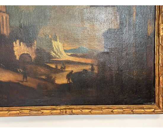 Olio su tela. Paesaggio con rovine attribuibile alla cerchia di Leonardo Coccorante . Napoli 1680 / 1750
