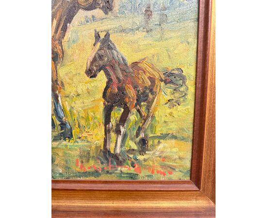 Antico dipinto olio su tela - Cavalli al pascolo - 1900, 82x62cm