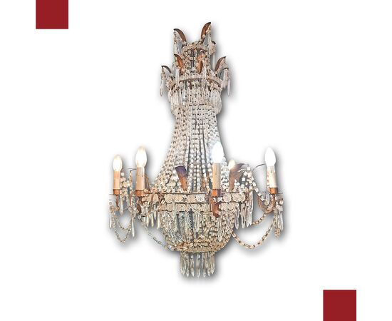 LAMPADARIO A PANIERE IN CRISTALLI E FERRO DORATO PRIMI DEL XIX SECOLO