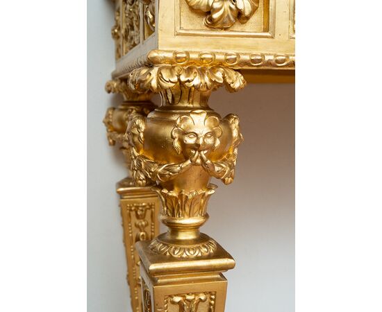 Consolle antica Luigi XVI Napoletana in legno dorato e intagliato con piano in marmo nero portoro. Periodo fine 18secolo.