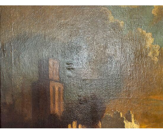 Olio su tela. Paesaggio con rovine attribuibile alla cerchia di Leonardo Coccorante . Napoli 1680 / 1750