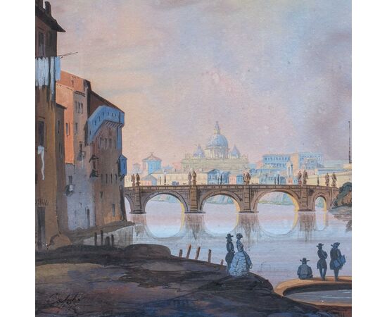 Seguace di Ippolito Caffi (Belluno 1809 - Lissa 1866) - Roma, veduta del Tevere verso Castel Sant’Angelo.