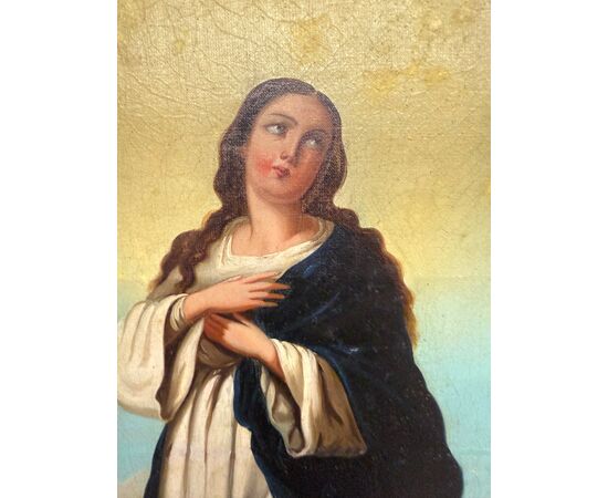 Antico dipinto olio su tela Immacolata concezione, 104x59 cm, scuola italiana XIX sec