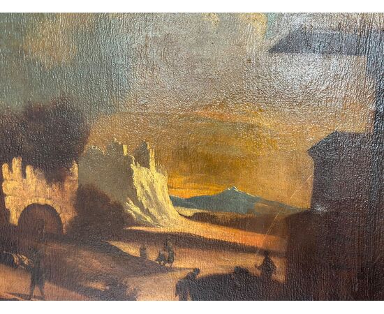 Olio su tela. Paesaggio con rovine attribuibile alla cerchia di Leonardo Coccorante . Napoli 1680 / 1750