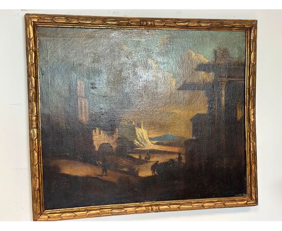 Olio su tela. Paesaggio con rovine attribuibile alla cerchia di Leonardo Coccorante . Napoli 1680 / 1750