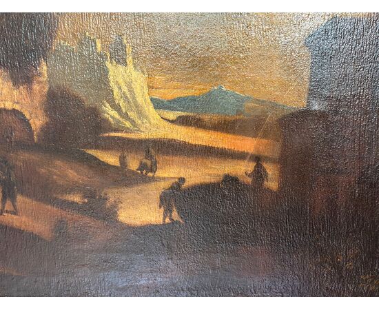 Olio su tela. Paesaggio con rovine attribuibile alla cerchia di Leonardo Coccorante . Napoli 1680 / 1750