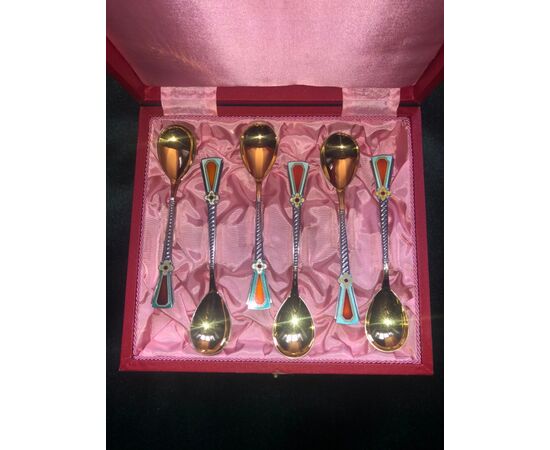 Set of six silver and enamel teaspoons.Russia.     