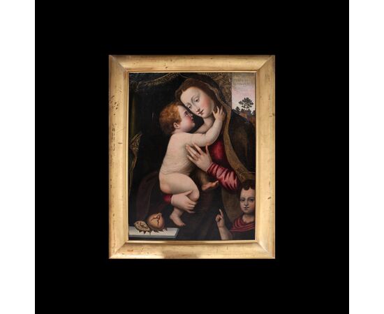 Mariotto Albertinelli seguace di, Firenze 1474 – Firenze 1515; La Vergine con il Bambino e l'infante San Giovanni Battista; olio su tela