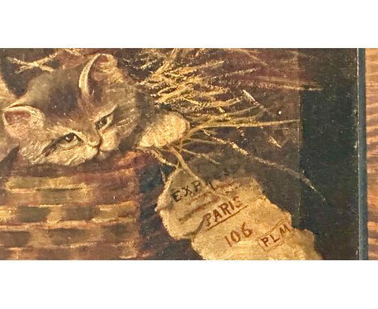 Dipinto di gatti, Olio su tela " Gattini in una valigetta di vimini" - Napoleone III. 