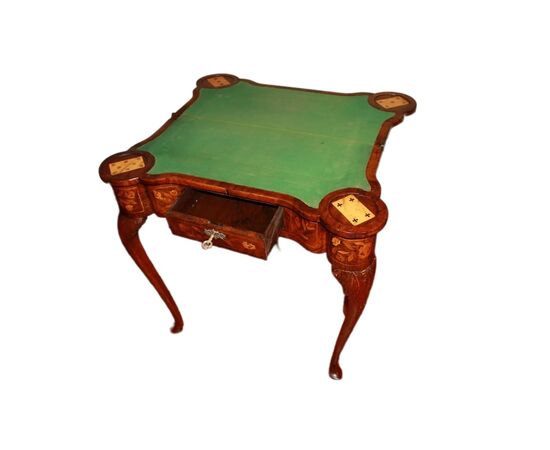 Prezioso Tavolino da Gioco Olandese di Fine 1700 Riccamente Intarsiato